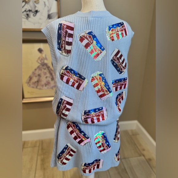 New! QUEEN OF SPARKLES Set! Red, White and Brew Scattered Sequin Beer Cans - Picture 10 of 14